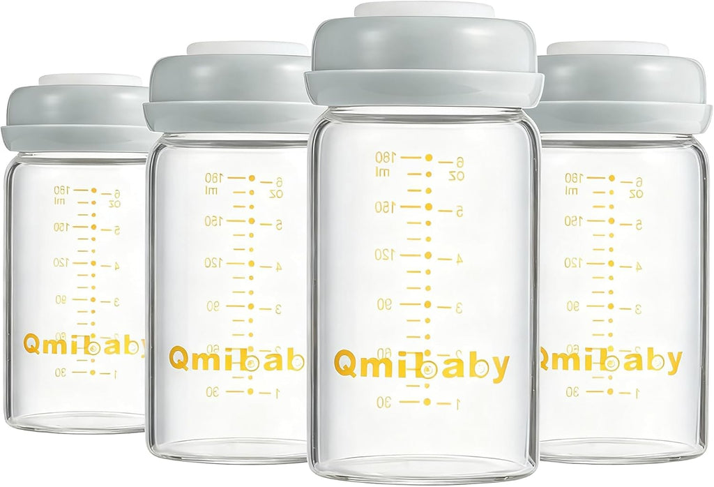 Glass Breast Milk Storage Bottles 180Ml Bpa-Free Natural Baby Bottle for Breastmilk Storage Wide Neck Bottles with Screw Ring Sealing Disk Leak-Proof Breastfeeding Milk Collection (Grey)