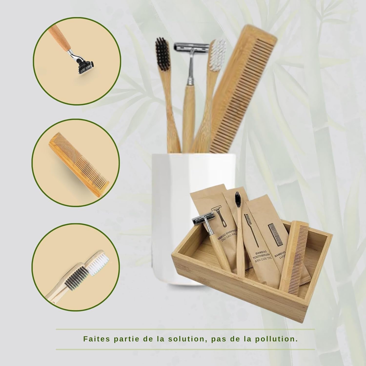 Organic Beauty Box - Bamboo Toothbrush, Bamboo Razor and Bamboo Comb - Natural and Ecological Care Kit - Ideal for Zero Waste Gift