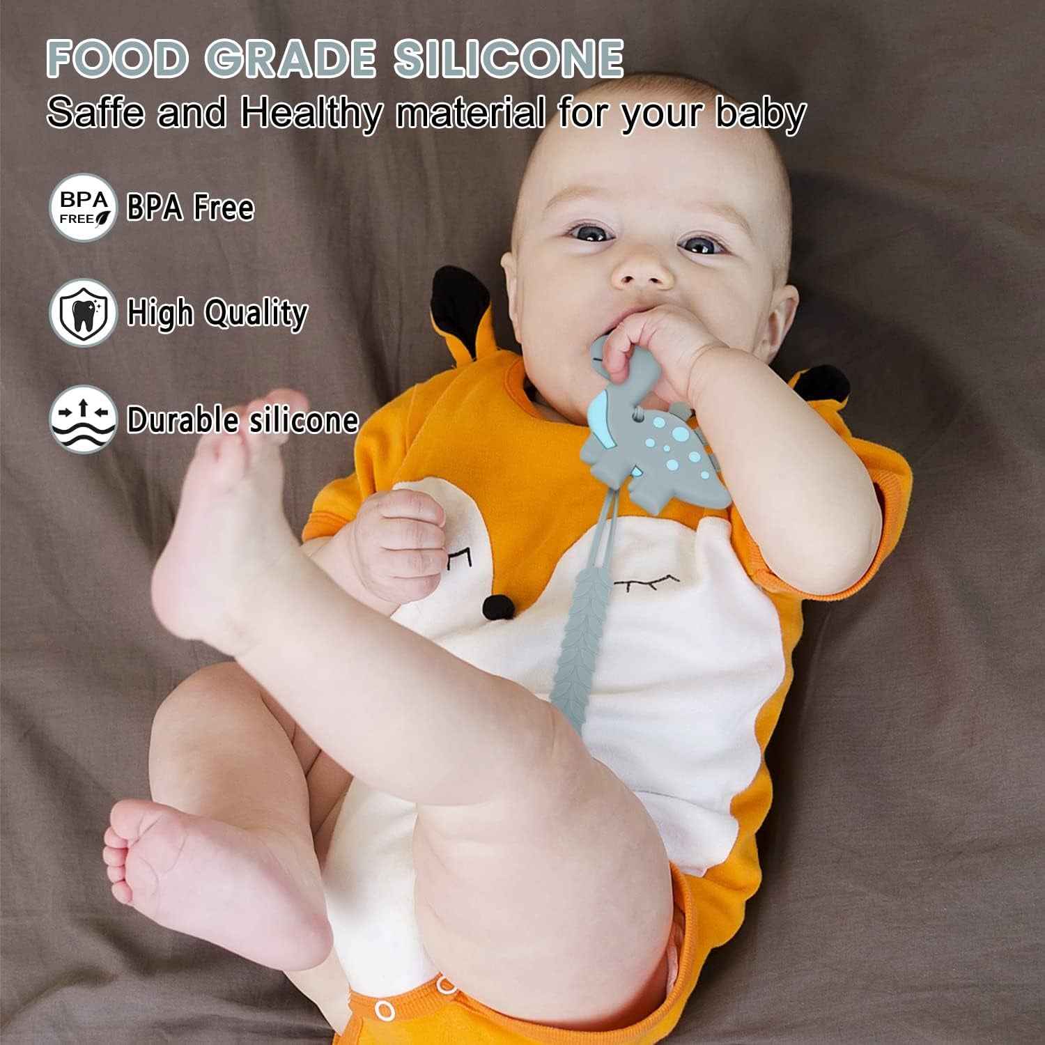 Teething Toys for Baby, Chew Toys for Autistic Children Dinosaur Grey, Baby Toys 3+ Months, Sensory Chew Toys, BPA Free Silicone Teether for Toddler Infant, Toddler Newborn Baby Shower Gifts