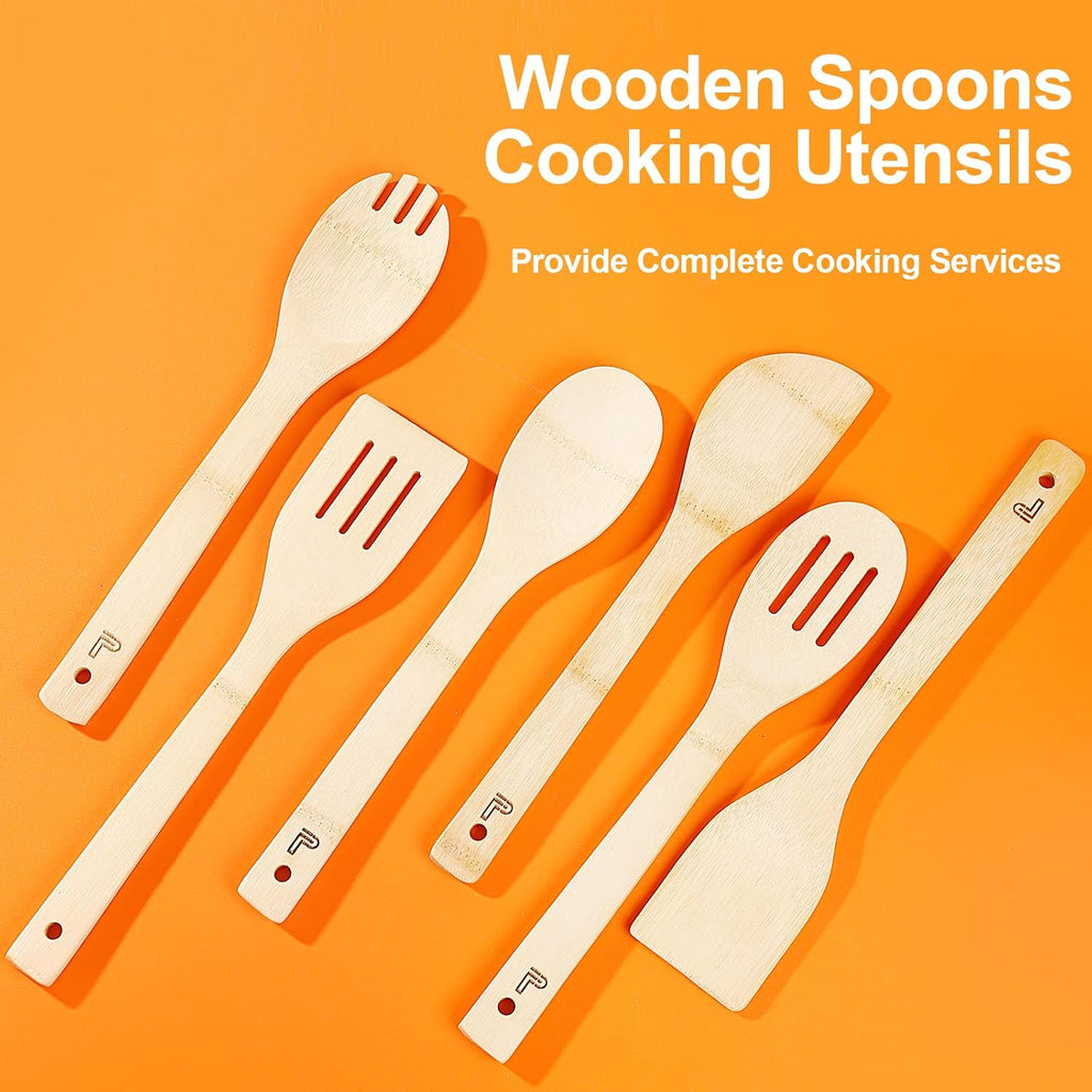 Wooden Spoons for Cooking,6 Piece Wooden Spoon Set,Wooden Spatula for Cooking,Slotted Wood Bamboo Spoon,Wooden Utensil Set,Premium Wood Kitchen Utensils