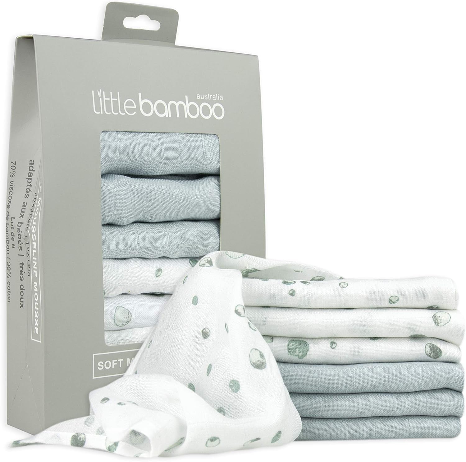 Muslin Baby Wash Cloths 6 Pack, 30 X 30 Cm, Whisper Grey,
