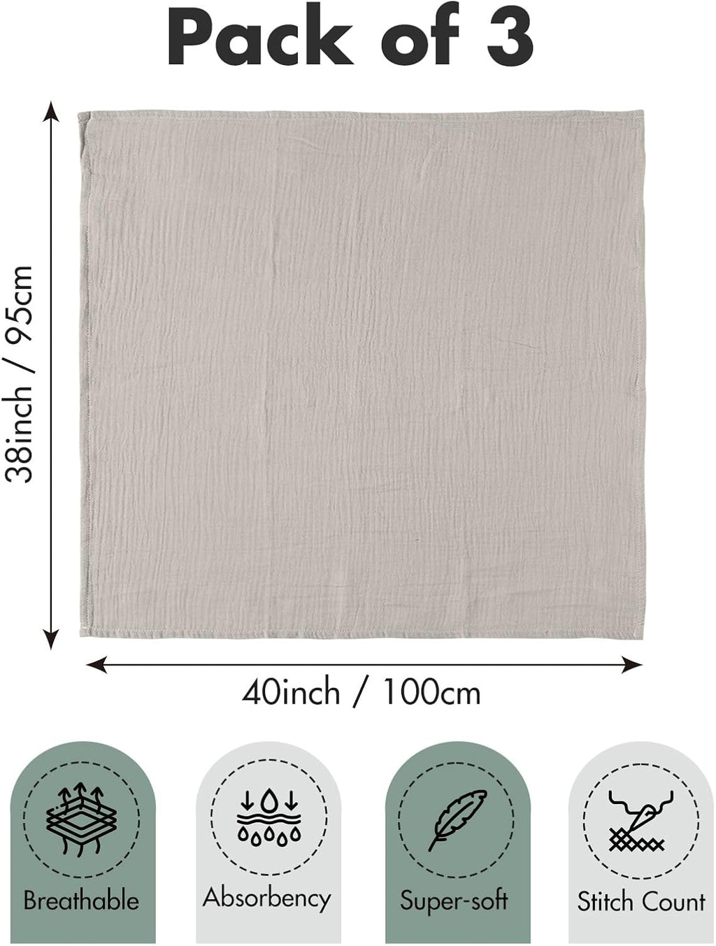 Muslin Cloth Baby Swaddle Cloths for Newborns, Pack of 3 Muslin Blanket, Large 95 X 100Cm Baby Blanket - Baby Swaddle Blanket Burp Cloths, Swaddle Cloth Essential Items for Baby Shower