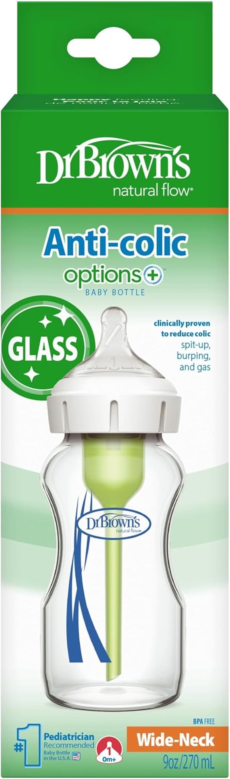 Natural Flow Options+ Anti-Colic Wide Neck Baby Bottles, Glass, Green, 270 Ml