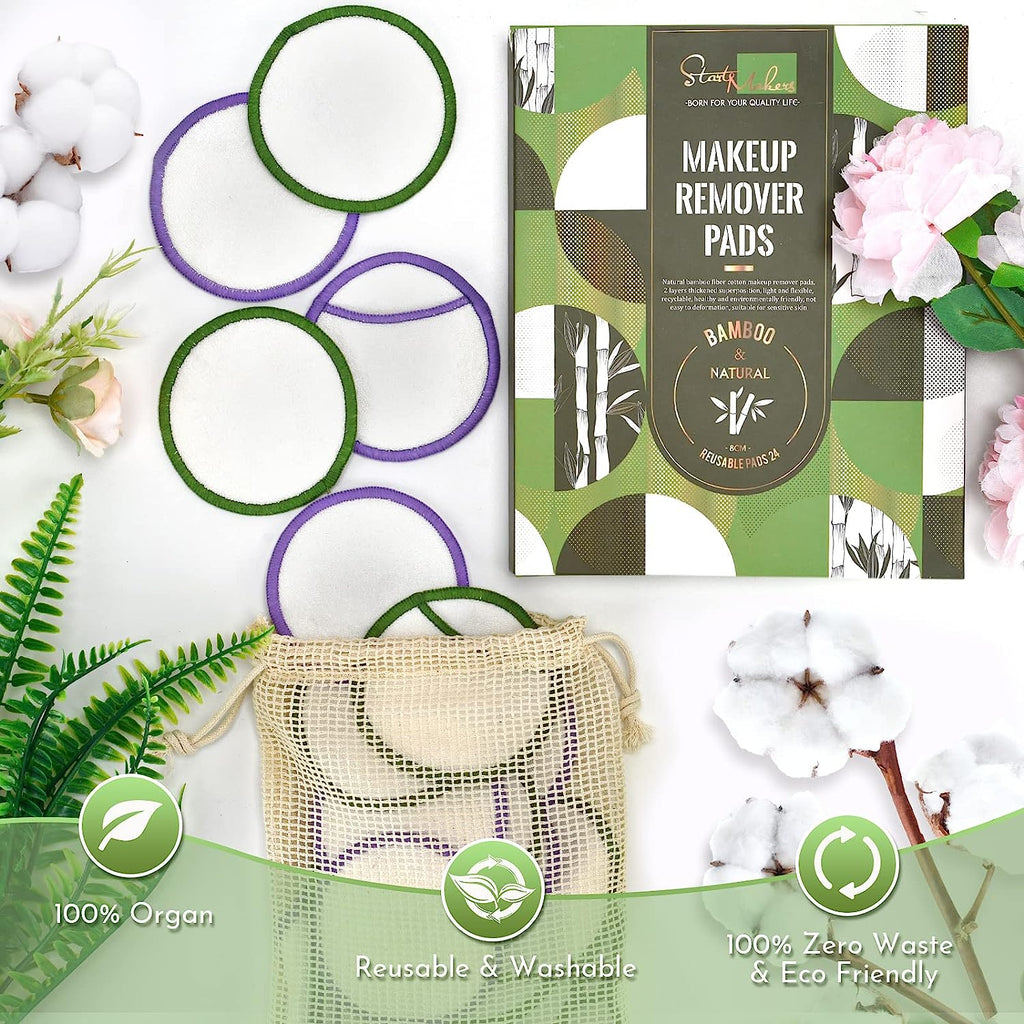 Reusable Makeup Remover Pads, Premium Eco-Friendly 24PCS Cotton Pads Soft Bamboo Face Pads for All Skin Types Double-Sided & Organic Washable Cotton Wool Pads W/ Laundry Bag, 0.14 Kg