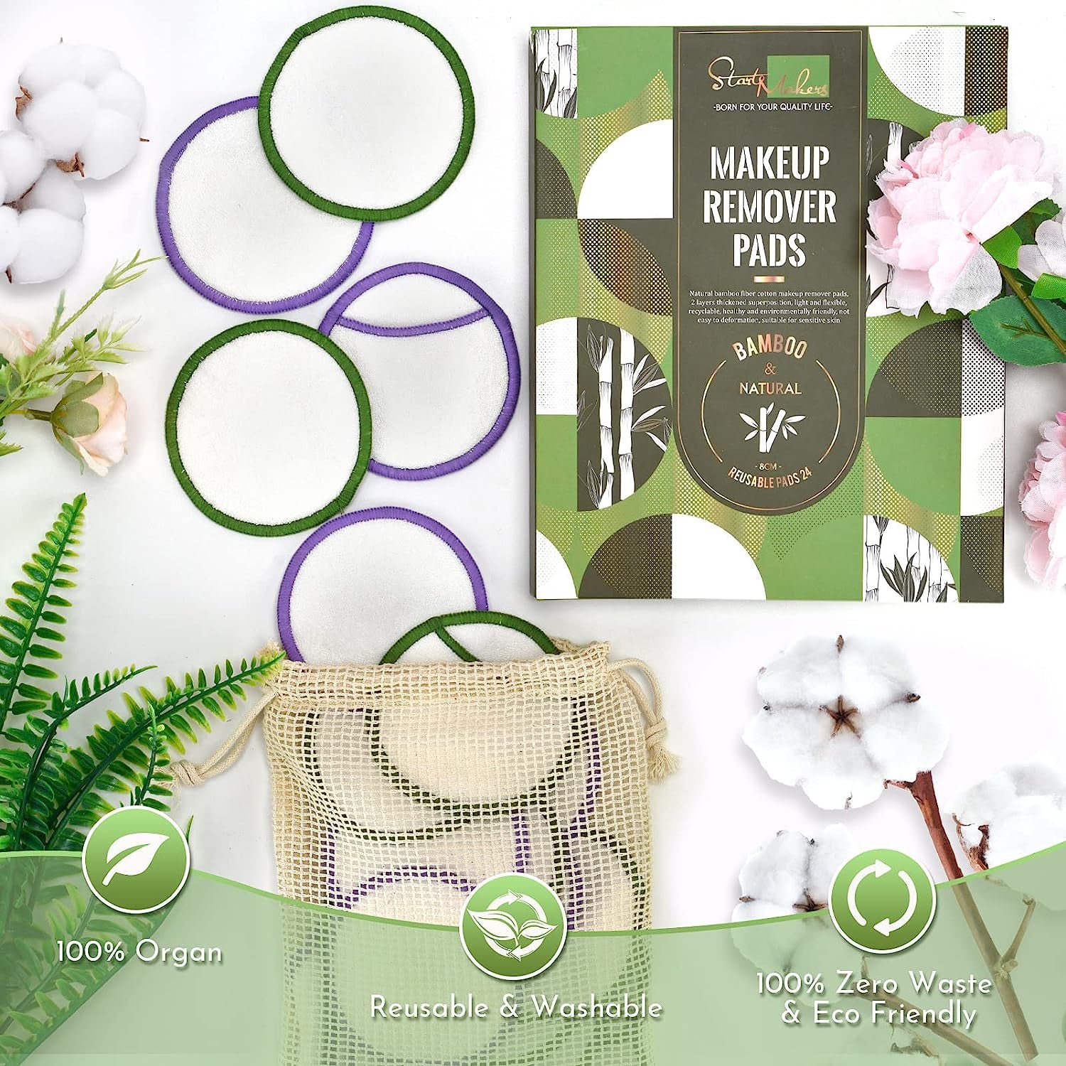 Reusable Makeup Remover Pads, Premium Eco-Friendly 24PCS Cotton Pads Soft Bamboo Face Pads for All Skin Types Double-Sided & Organic Washable Cotton Wool Pads W/ Laundry Bag, 0.14 Kg