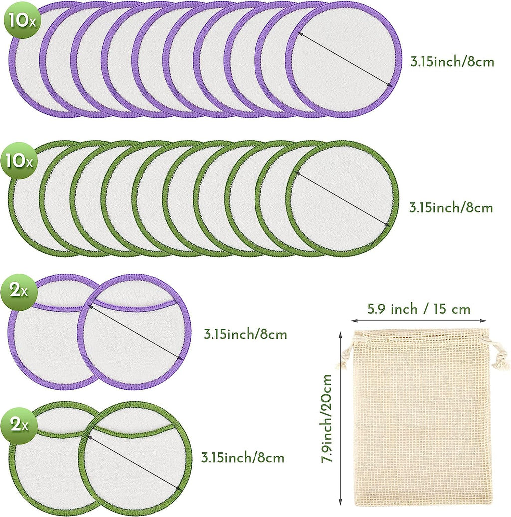 Reusable Makeup Remover Pads, Premium Eco-Friendly 24PCS Cotton Pads Soft Bamboo Face Pads for All Skin Types Double-Sided & Organic Washable Cotton Wool Pads W/ Laundry Bag, 0.14 Kg