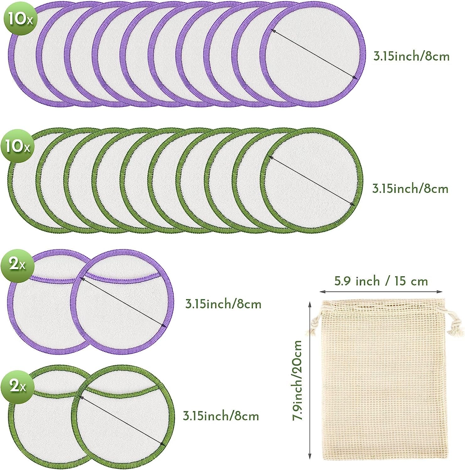 Reusable Makeup Remover Pads, Premium Eco-Friendly 24PCS Cotton Pads Soft Bamboo Face Pads for All Skin Types Double-Sided & Organic Washable Cotton Wool Pads W/ Laundry Bag, 0.14 Kg