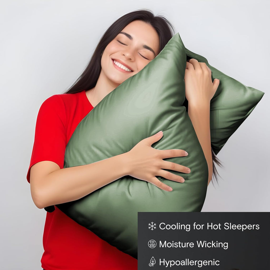 100% Organic Bamboo Pillow Cases Pack of 2- Silk Pillowcases for Hair and Skin, Soft, Breathable, Cooling Pillowcases for Standard Size Pillow (Standard, Avocado Green)