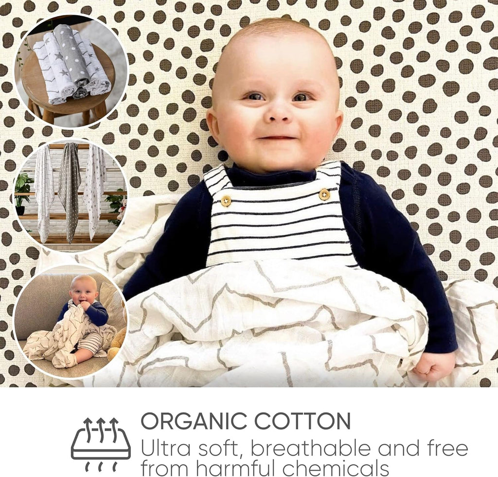 - Muslin Cloths for Baby - Soft 100% Organic Cotton Muslin Squares - Baby Muslins Pack of 6 - Large Burp Cloths - Essentials for Newborn - Grey & White - 70X70Cm