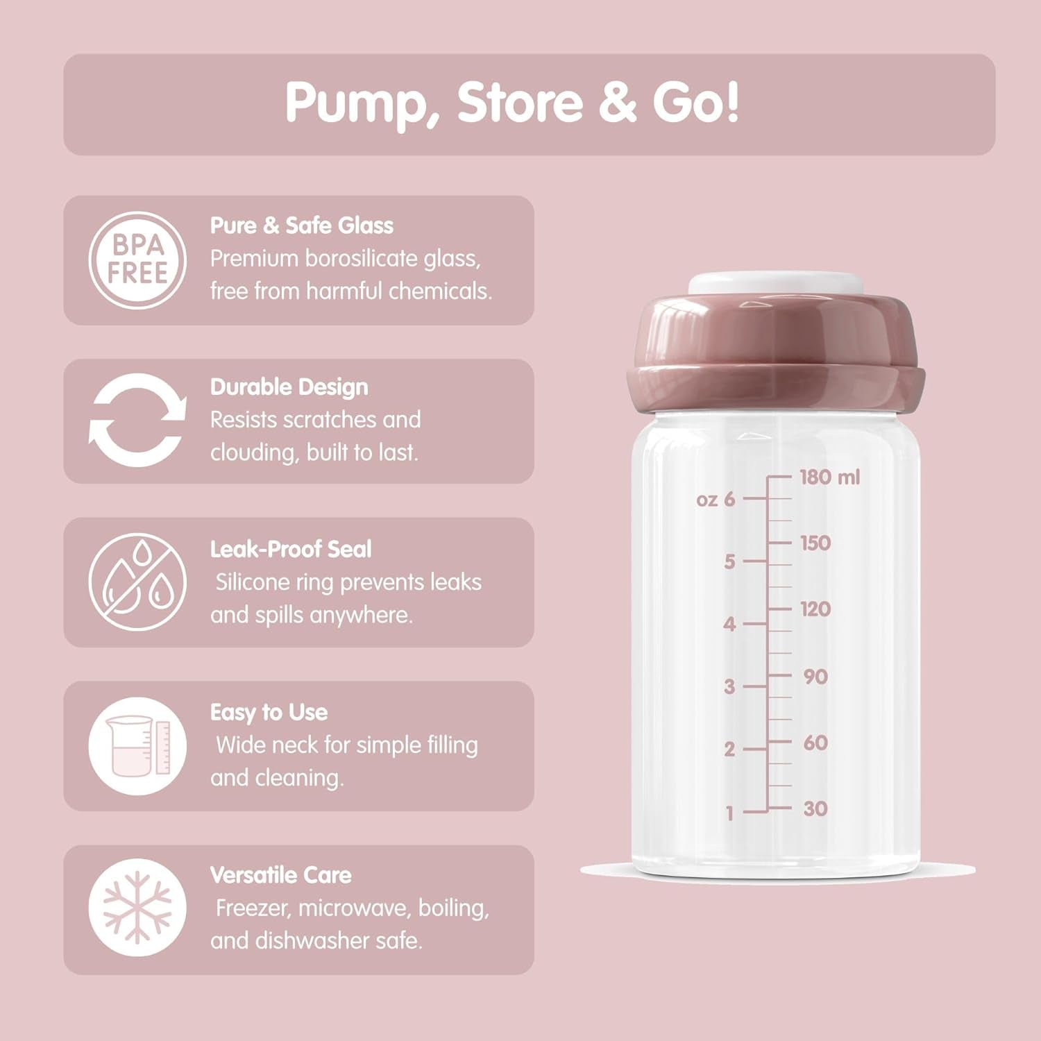 Premium Glass Breastmilk Storage Bottles, Pack of Four, 180Ml, Dishwasher, Freezer, and Microwave Safe (Glass Breastmilk Storage Bottles, 4 X 180Ml)