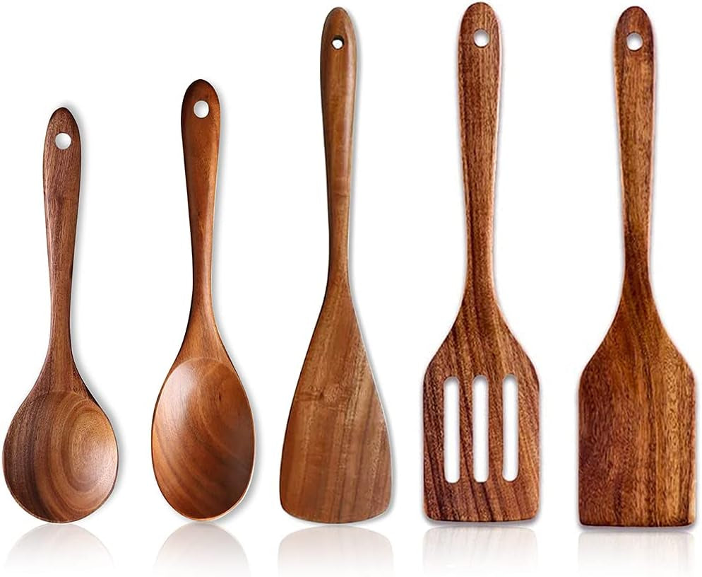 5 Pcs Luxury Wooden Kitchen Utensils Spoons Non Stick Spatula Cooking Utensil Set-Best Wood Spatulas Paddle, Slotted Spatula, Angled Turner Spatulas, Serving Cooking Spoon & Mixing Spoon Utensils