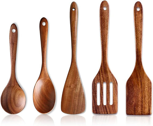 5 Pcs Luxury Wooden Kitchen Utensils Spoons Non Stick Spatula Cooking Utensil Set-Best Wood Spatulas Paddle, Slotted Spatula, Angled Turner Spatulas, Serving Cooking Spoon & Mixing Spoon Utensils