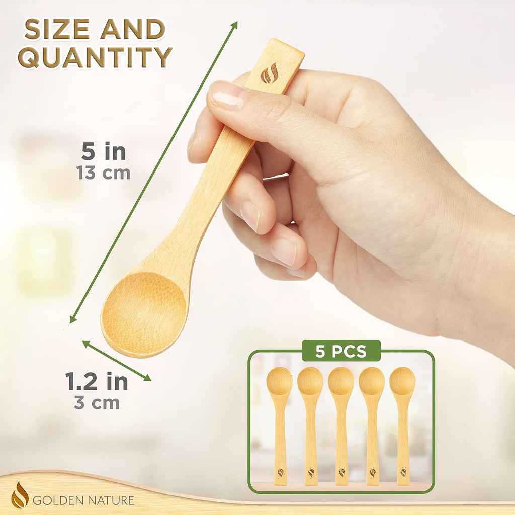 Bamboo Spoon Set - 5 Pc - Small Kitchen Teaspoons - Tiny Wooden Spoons for Sugar, Spices, Seasoning, Coffee, Jam, Herbs, Honey & Dessert