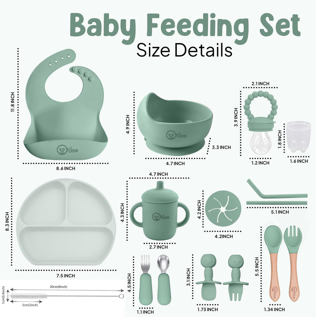 17-Piece Baby Led Weaning Feeding Supplies for Toddlers,Baby Feeding Set | Suction Silicone Baby Bowl Self Eating Utensils with Fruit Feeder, Cup, Bibs, Food Plate Kit with Lid | Green V2