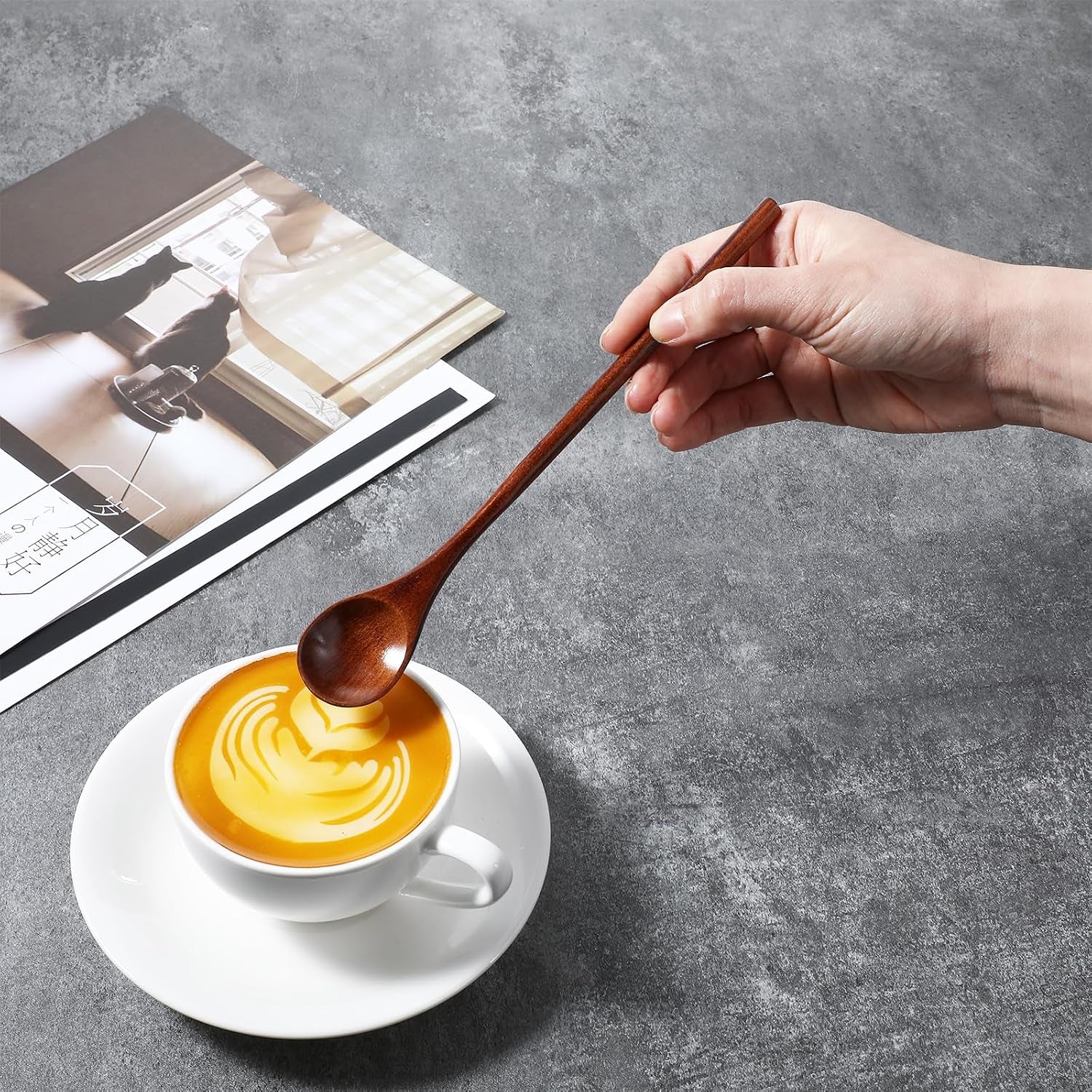 6 Pcs Wooden Coffee Spoons, Long Handle Mixing Spoon Small Wooden Long Teaspoon Honey Spoon Handmade Wood Stirring Spoon Tiny Tasting Spoon Set for Jam Dessert Stir Spoon Kitchen Utensil