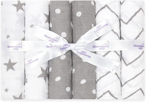 - Muslin Cloths for Baby - Soft 100% Organic Cotton Muslin Squares - Baby Muslins Pack of 6 - Large Burp Cloths - Essentials for Newborn - Grey & White - 70X70Cm