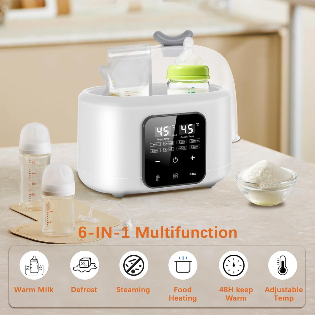 Baby Bottle Warmer 6-In-1 with Temp Control, Fast Warming in Minutes for Breastmilk & Formula, Milk Warmer with Digital LCD, Portable Bottle Steriliser for Travel and Home Use