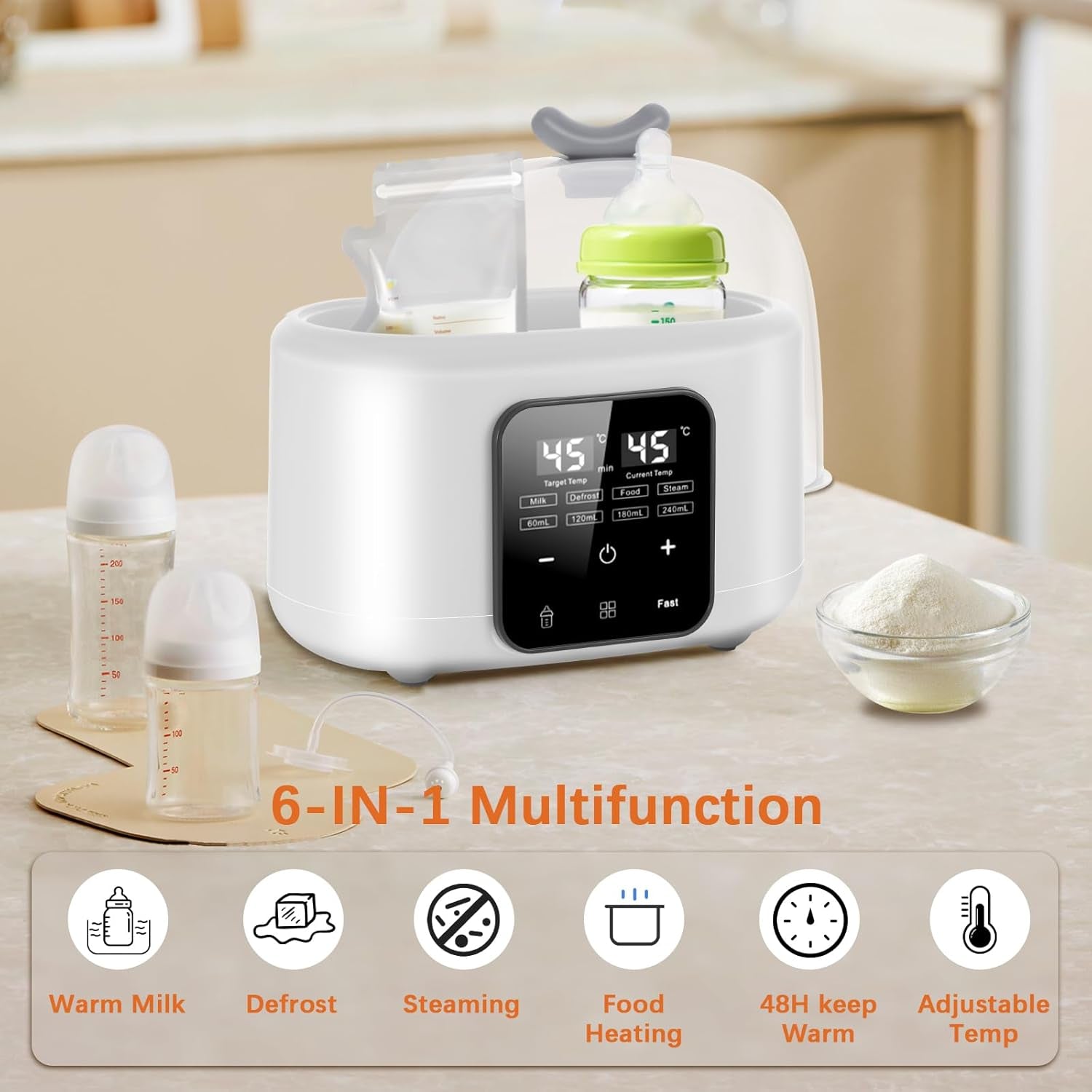 Baby Bottle Warmer 6-In-1 with Temp Control, Fast Warming in Minutes for Breastmilk & Formula, Milk Warmer with Digital LCD, Portable Bottle Steriliser for Travel and Home Use