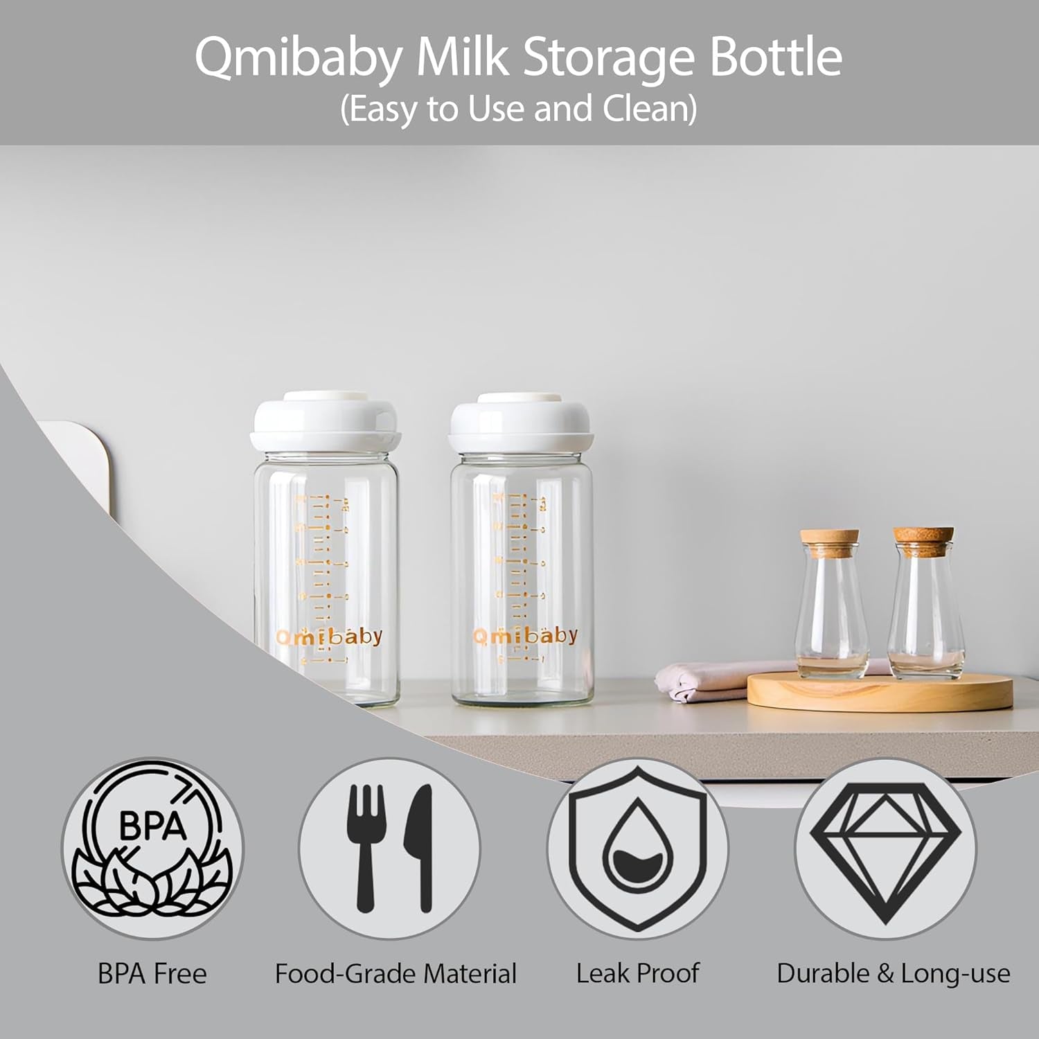 Glass Breast Milk Storage Bottles 180Ml Bpa-Free Natural Baby Bottle for Breastmilk Storage Wide Neck Bottles with Screw Ring Sealing Disk Leak-Proof Breastfeeding Milk Collection (Grey)