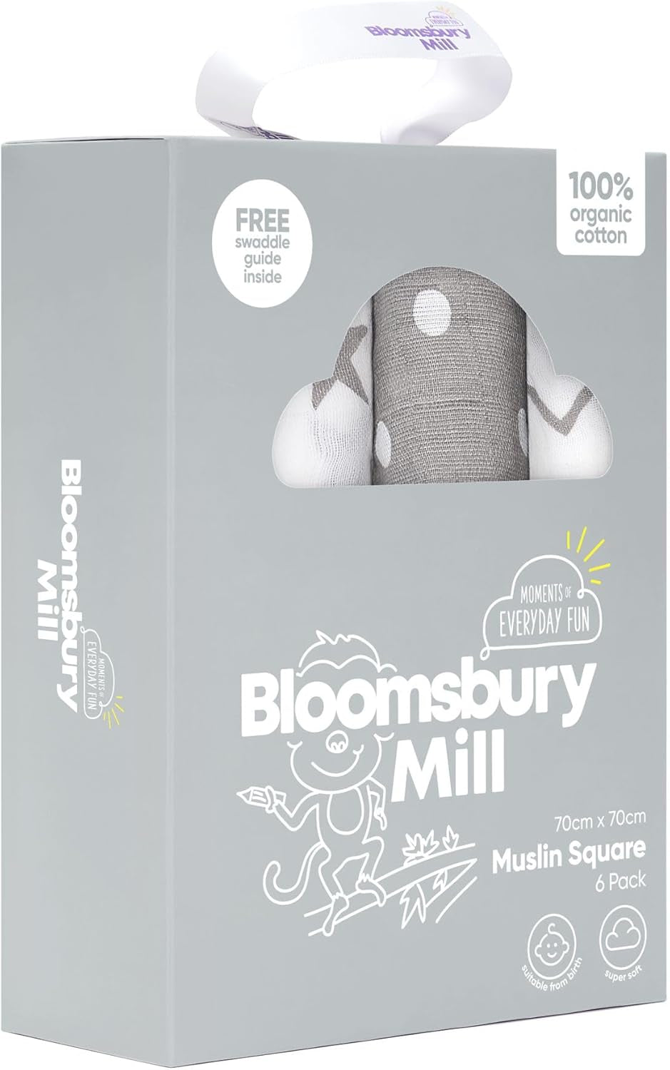 - Muslin Cloths for Baby - Soft 100% Organic Cotton Muslin Squares - Baby Muslins Pack of 6 - Large Burp Cloths - Essentials for Newborn - Grey & White - 70X70Cm