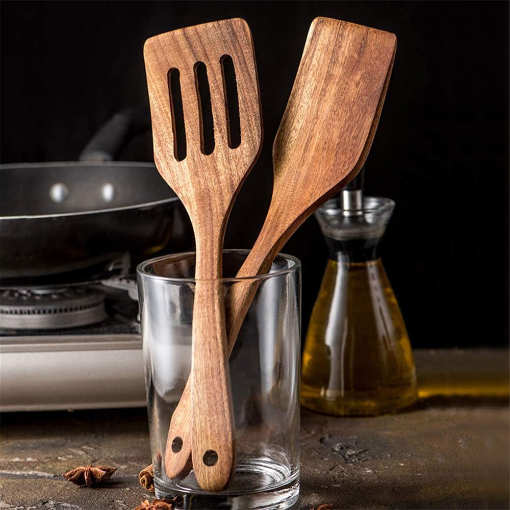 5 Pcs Luxury Wooden Kitchen Utensils Spoons Non Stick Spatula Cooking Utensil Set-Best Wood Spatulas Paddle, Slotted Spatula, Angled Turner Spatulas, Serving Cooking Spoon & Mixing Spoon Utensils