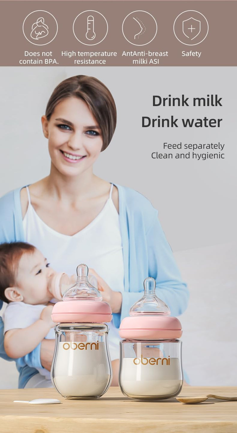 Anti-Colic Glass Baby Bottles with Slow Flow Breast-Like Silicone Teat, 150Ml, 0+ Months, Wide-Neck, Pink/1Pack