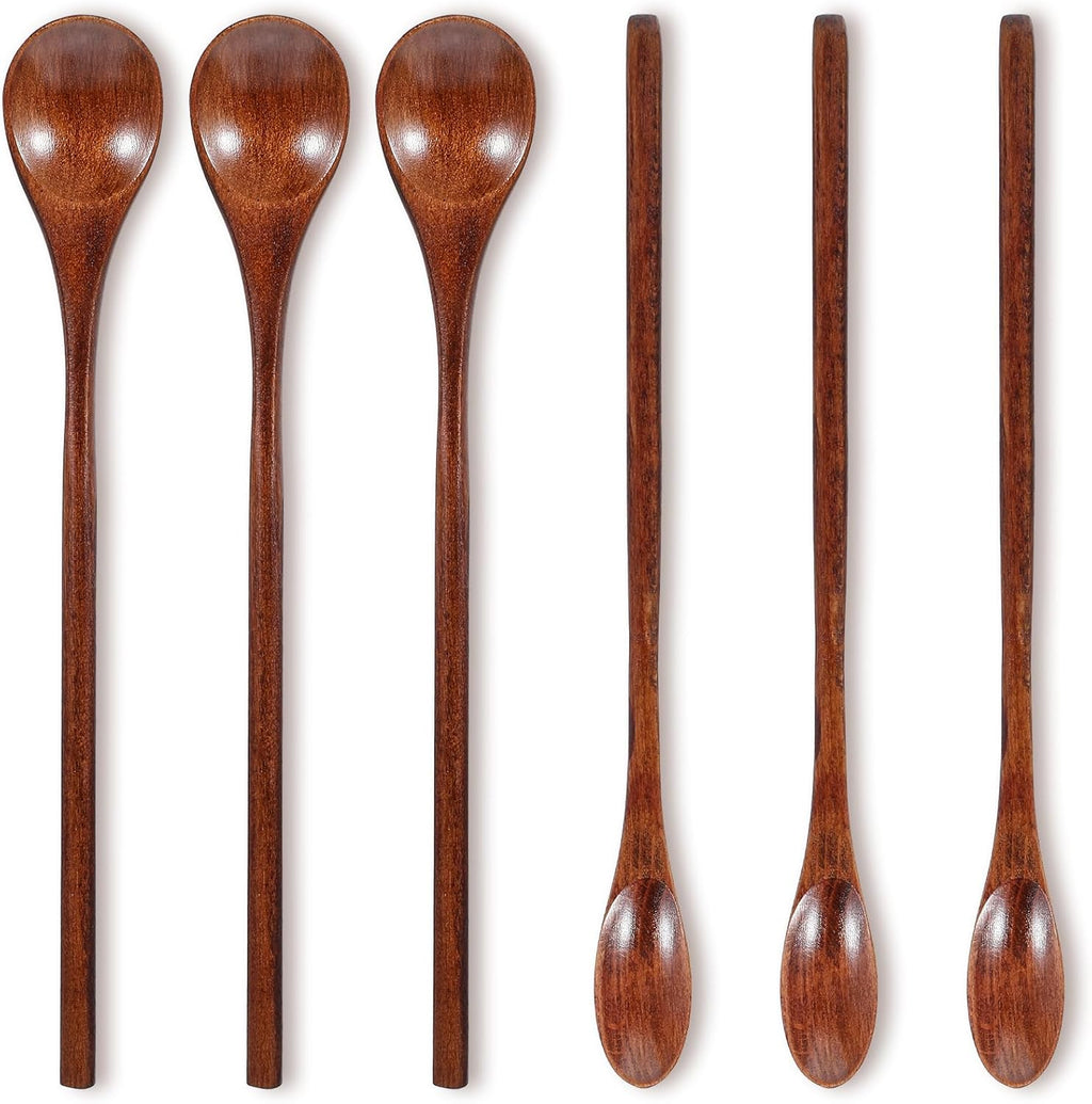 6 Pcs Wooden Coffee Spoons, Long Handle Mixing Spoon Small Wooden Long Teaspoon Honey Spoon Handmade Wood Stirring Spoon Tiny Tasting Spoon Set for Jam Dessert Stir Spoon Kitchen Utensil