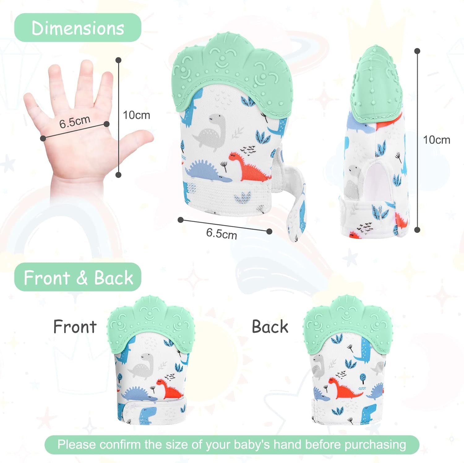 Baby Teething Set, 2 Pack Teething Mittens for Baby, Includes 2 Silicone Mitten Teether Glove,Dinosaur Teething Glove, Infant Soothing Pain Relief Mitt Baby Teether Mits for Baby