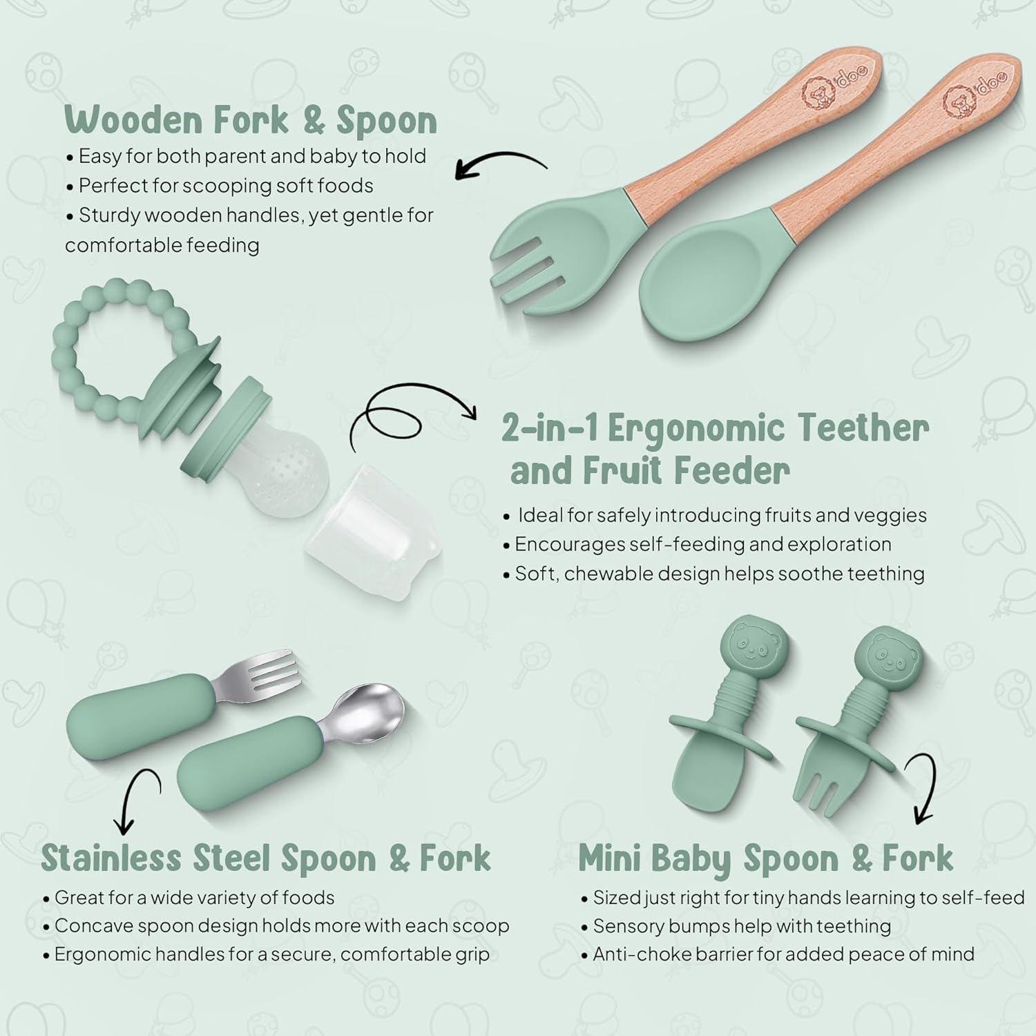 17-Piece Baby Led Weaning Feeding Supplies for Toddlers,Baby Feeding Set | Suction Silicone Baby Bowl Self Eating Utensils with Fruit Feeder, Cup, Bibs, Food Plate Kit with Lid | Green V2