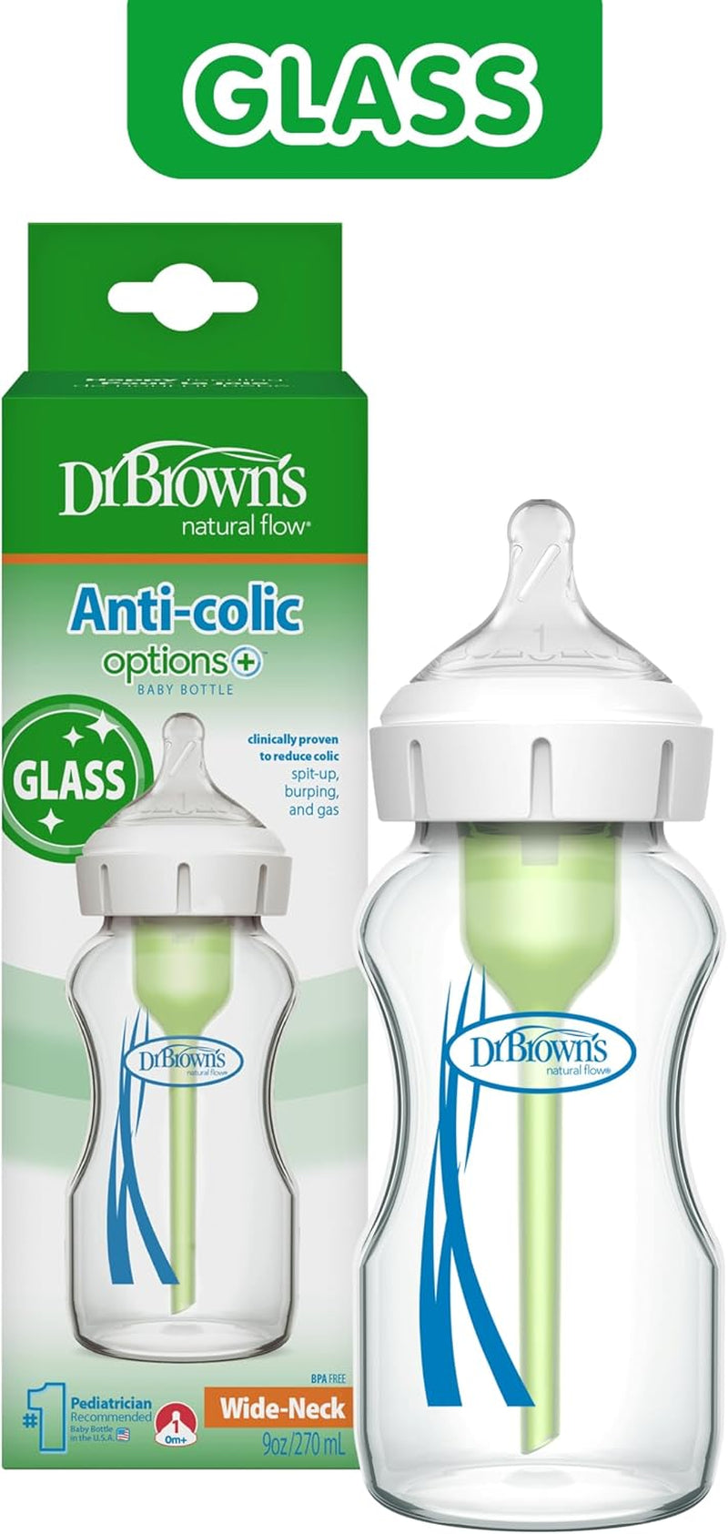 Natural Flow Options+ Anti-Colic Wide Neck Baby Bottles, Glass, Green, 270 Ml