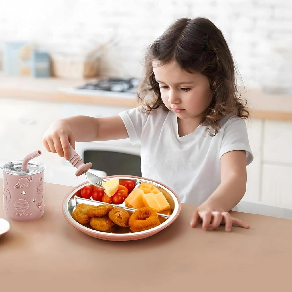 6-In-1 Stainless Steel Baby Feeding Set | Divided Baby Plates with Suction, Toddler Bowl, Sippy Cup with Straw, Baby Bib, Spoon & Fork | Bpa-Free Toddler Weaning Set