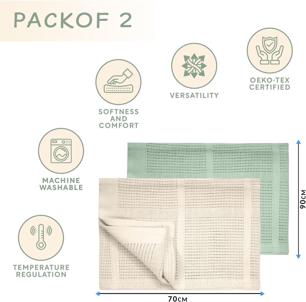 - Cellular Blankets Baby | 100% Pure Organic Cotton | Baby Blanket - 70 X 90 Cm | Warm & Cosy Baby Blankets | Baby Blanket for Newborn | Perfect for Pram/Travel/Moses Baskets (Green/Ivory)