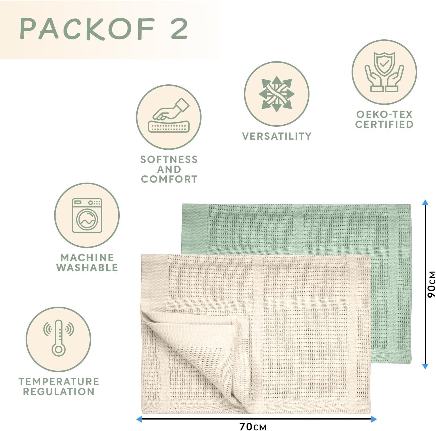 - Cellular Blankets Baby | 100% Pure Organic Cotton | Baby Blanket - 70 X 90 Cm | Warm & Cosy Baby Blankets | Baby Blanket for Newborn | Perfect for Pram/Travel/Moses Baskets (Green/Ivory)
