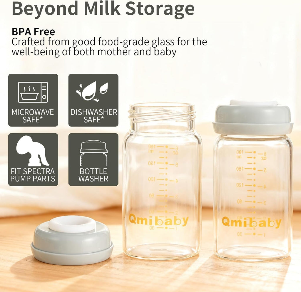Glass Breast Milk Storage Bottles 180Ml Bpa-Free Natural Baby Bottle for Breastmilk Storage Wide Neck Bottles with Screw Ring Sealing Disk Leak-Proof Breastfeeding Milk Collection (Grey)