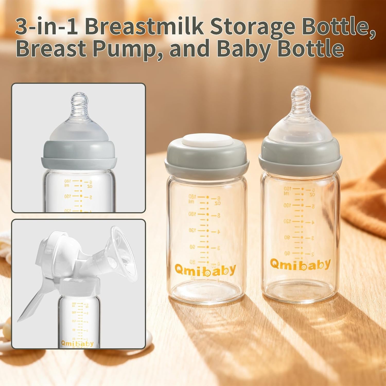 Glass Breast Milk Storage Bottles 180Ml Bpa-Free Natural Baby Bottle for Breastmilk Storage Wide Neck Bottles with Screw Ring Sealing Disk Leak-Proof Breastfeeding Milk Collection (Grey)