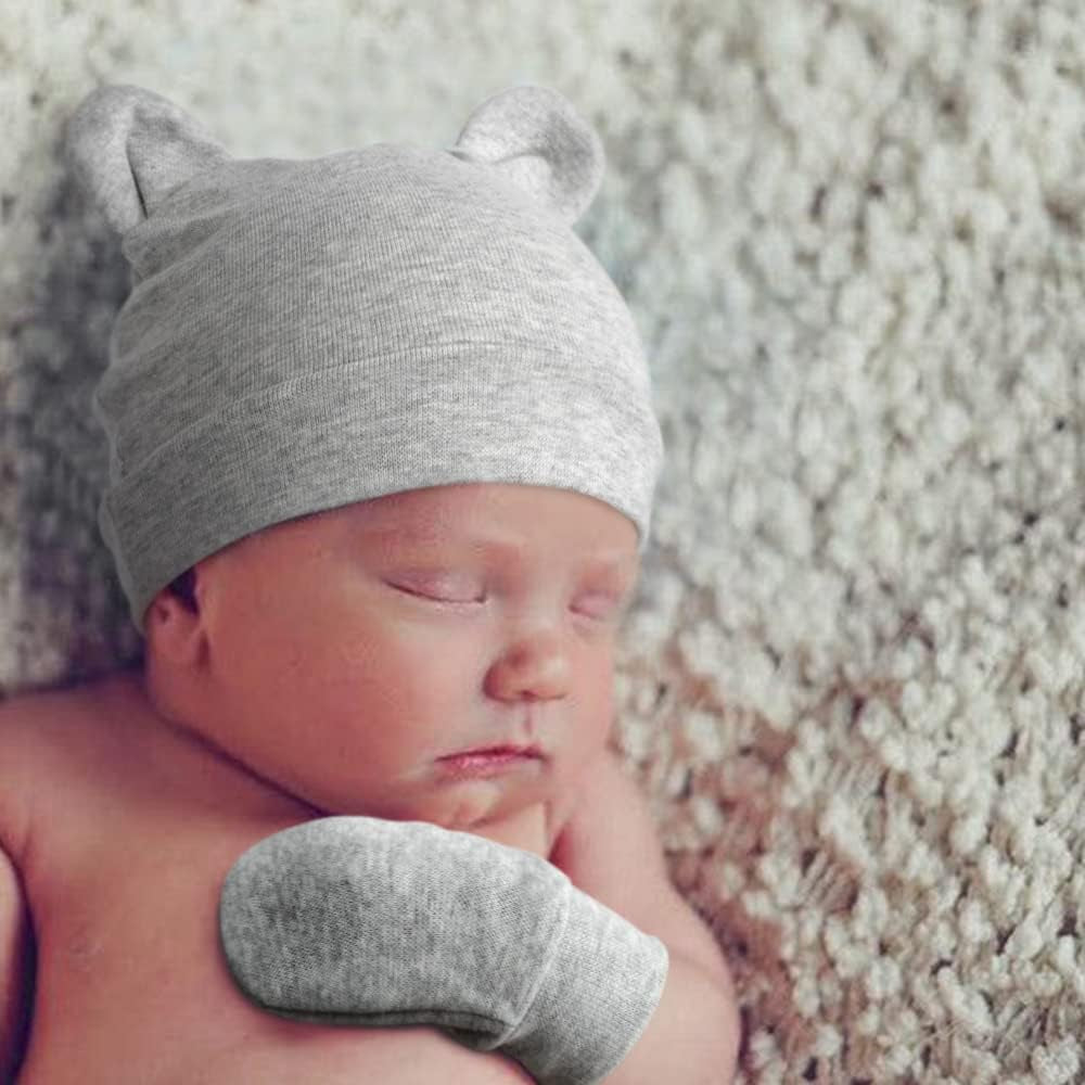 Newborn Baby Beanie Hat and Gloves, Baby Girl Beanie Spring Summer Autumn Winter Hats for 0-6 Months Infant Cotton