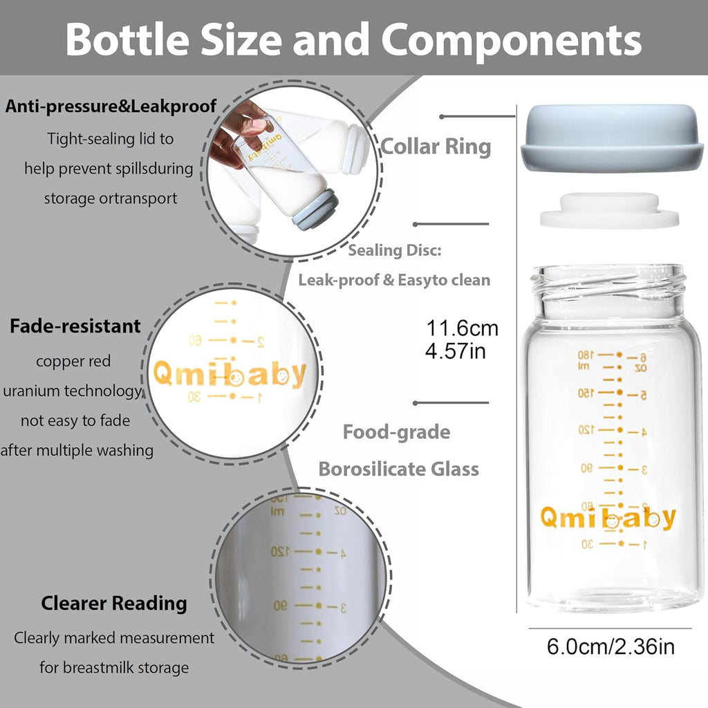 Glass Breast Milk Storage Bottles 180Ml Bpa-Free Natural Baby Bottle for Breastmilk Storage Wide Neck Bottles with Screw Ring Sealing Disk Leak-Proof Breastfeeding Milk Collection (Grey)
