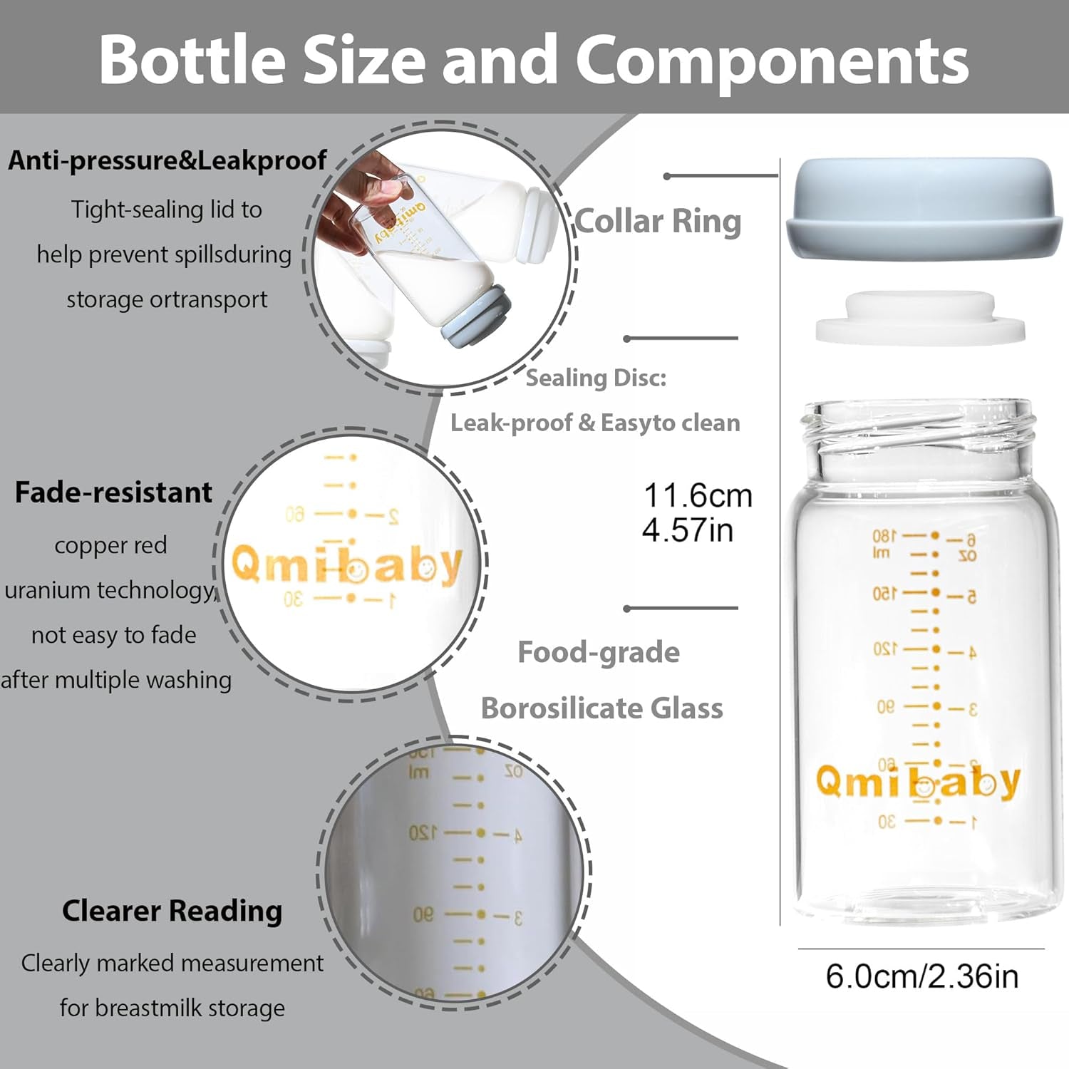 Glass Breast Milk Storage Bottles 180Ml Bpa-Free Natural Baby Bottle for Breastmilk Storage Wide Neck Bottles with Screw Ring Sealing Disk Leak-Proof Breastfeeding Milk Collection (Grey)