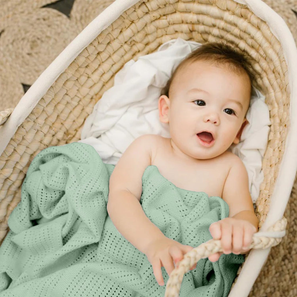 - Cellular Blankets Baby | 100% Pure Organic Cotton | Baby Blanket - 70 X 90 Cm | Warm & Cosy Baby Blankets | Baby Blanket for Newborn | Perfect for Pram/Travel/Moses Baskets (Green/Ivory)