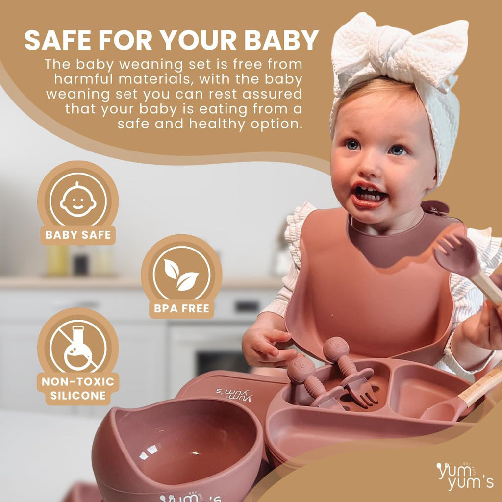 Baby 10 Pcs Pink Weaning Set - Complete Toddler Feeding Kit W/Sectioned Plate, Suction Bowls, Cutlery with Mouth Guard, Straw Cup, Bib & Mat - Non-Slip - for Toddlers & Baby Gift