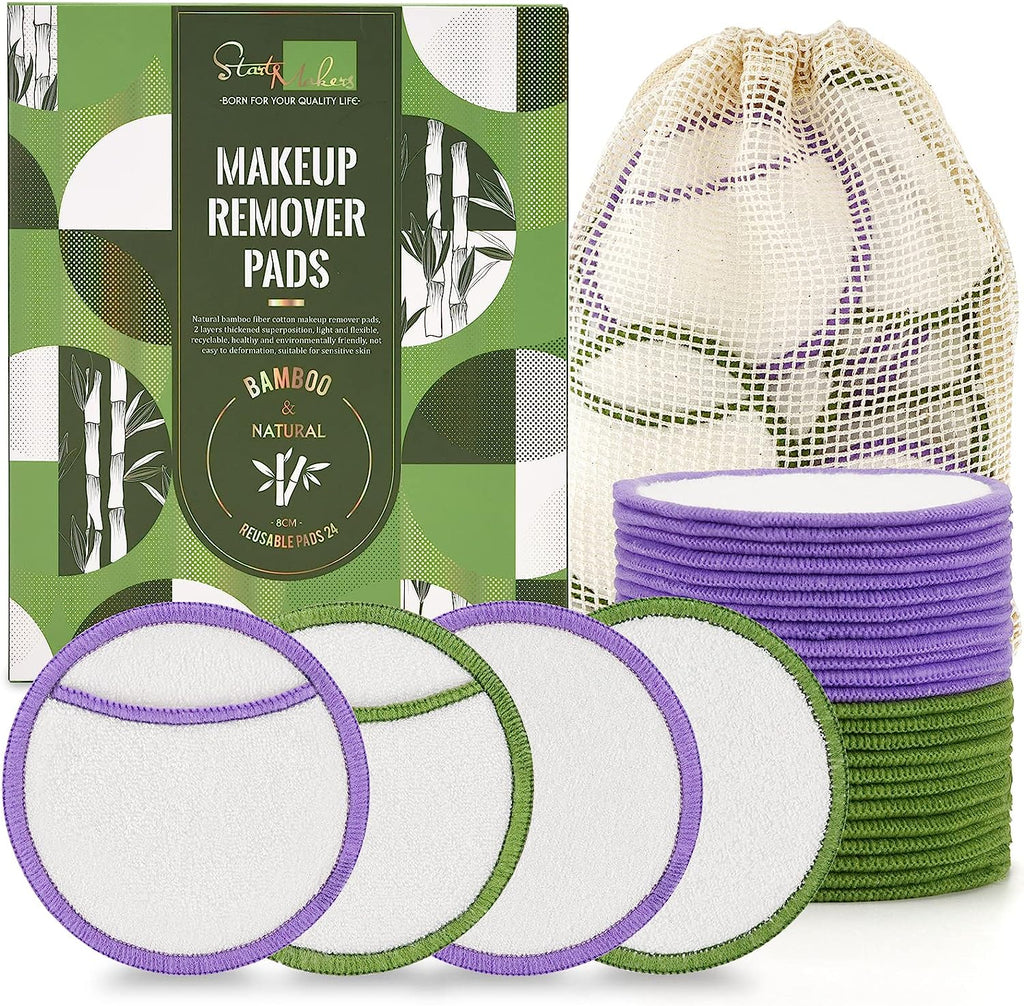 Reusable Makeup Remover Pads, Premium Eco-Friendly 24PCS Cotton Pads Soft Bamboo Face Pads for All Skin Types Double-Sided & Organic Washable Cotton Wool Pads W/ Laundry Bag, 0.14 Kg
