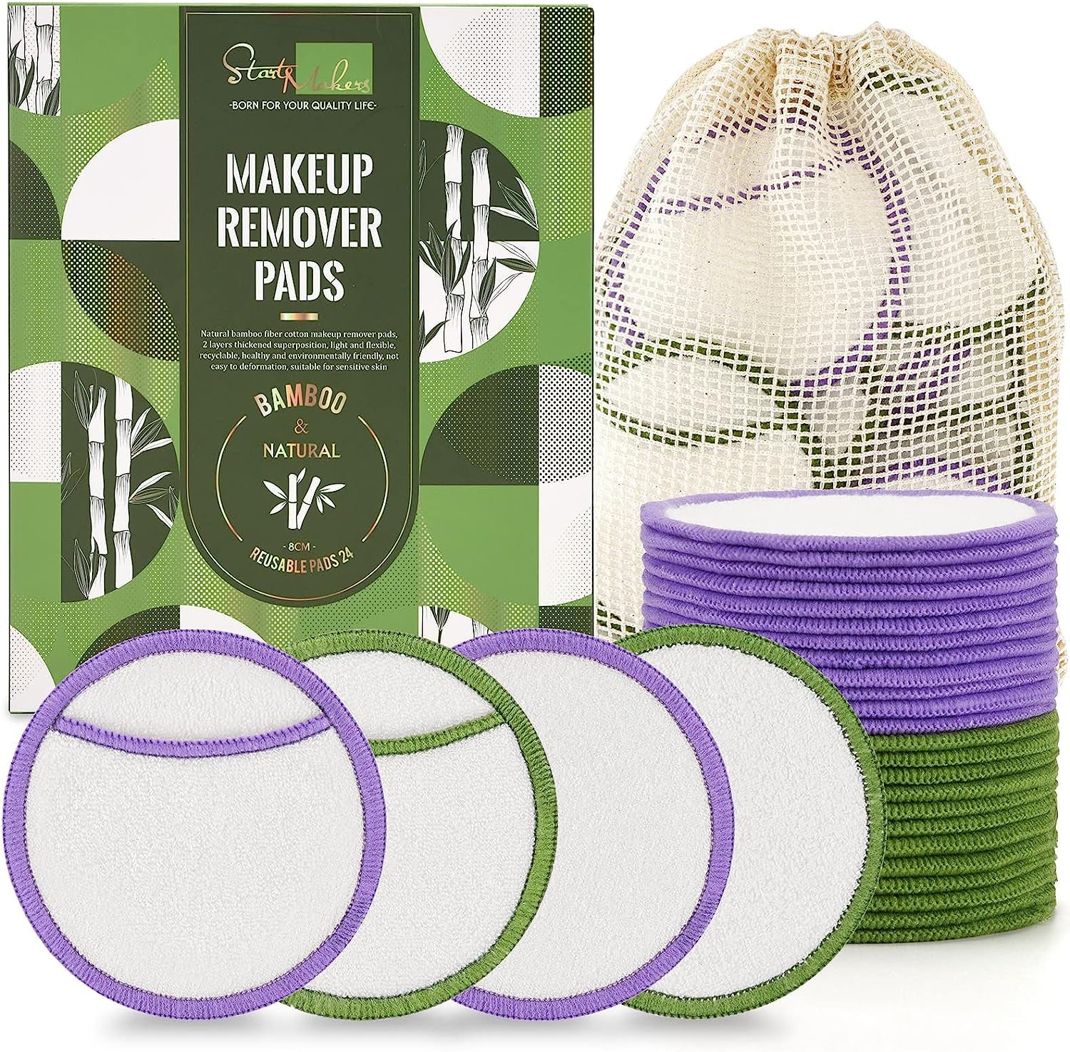 Reusable Makeup Remover Pads, Premium Eco-Friendly 24PCS Cotton Pads Soft Bamboo Face Pads for All Skin Types Double-Sided & Organic Washable Cotton Wool Pads W/ Laundry Bag, 0.14 Kg