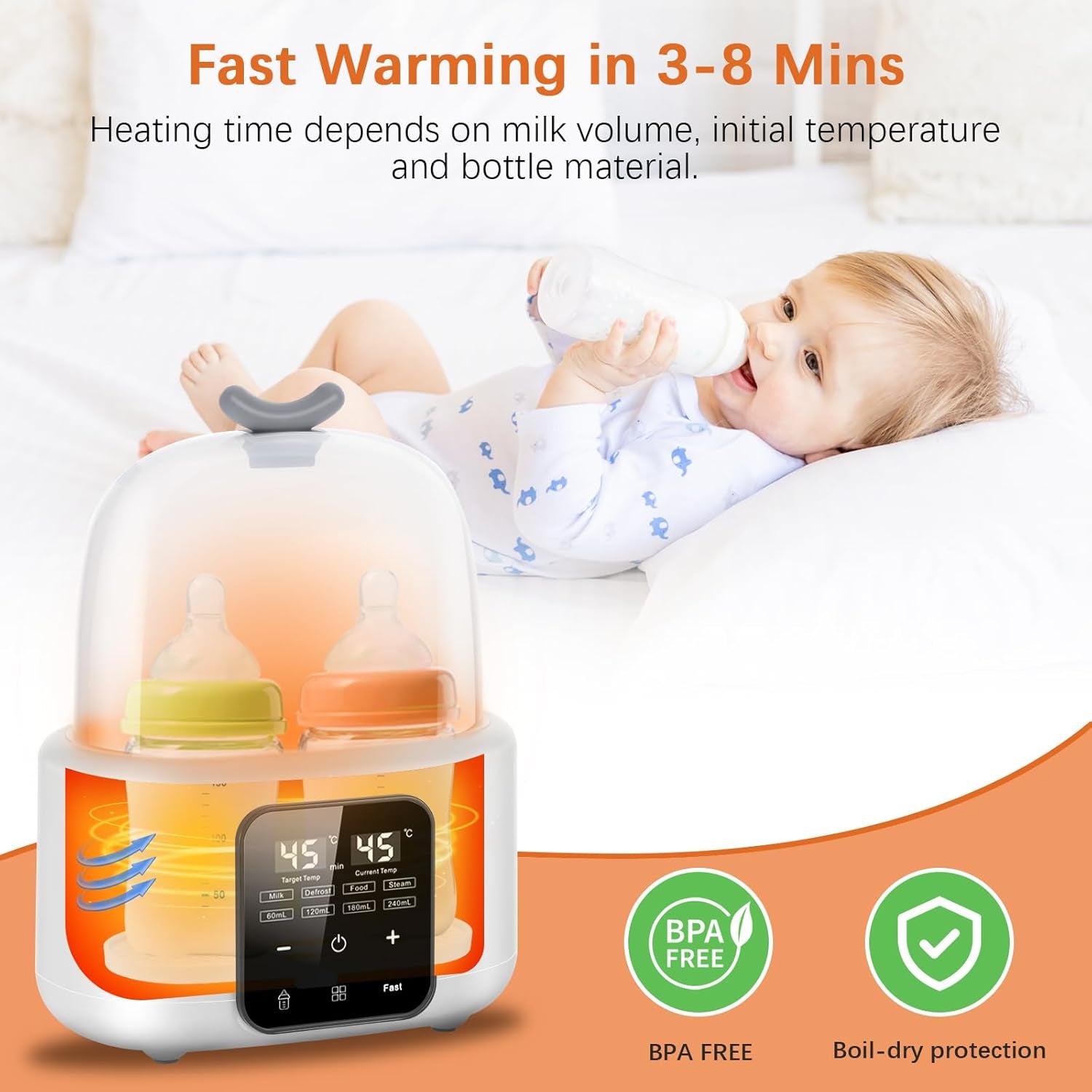 Baby Bottle Warmer 6-In-1 with Temp Control, Fast Warming in Minutes for Breastmilk & Formula, Milk Warmer with Digital LCD, Portable Bottle Steriliser for Travel and Home Use