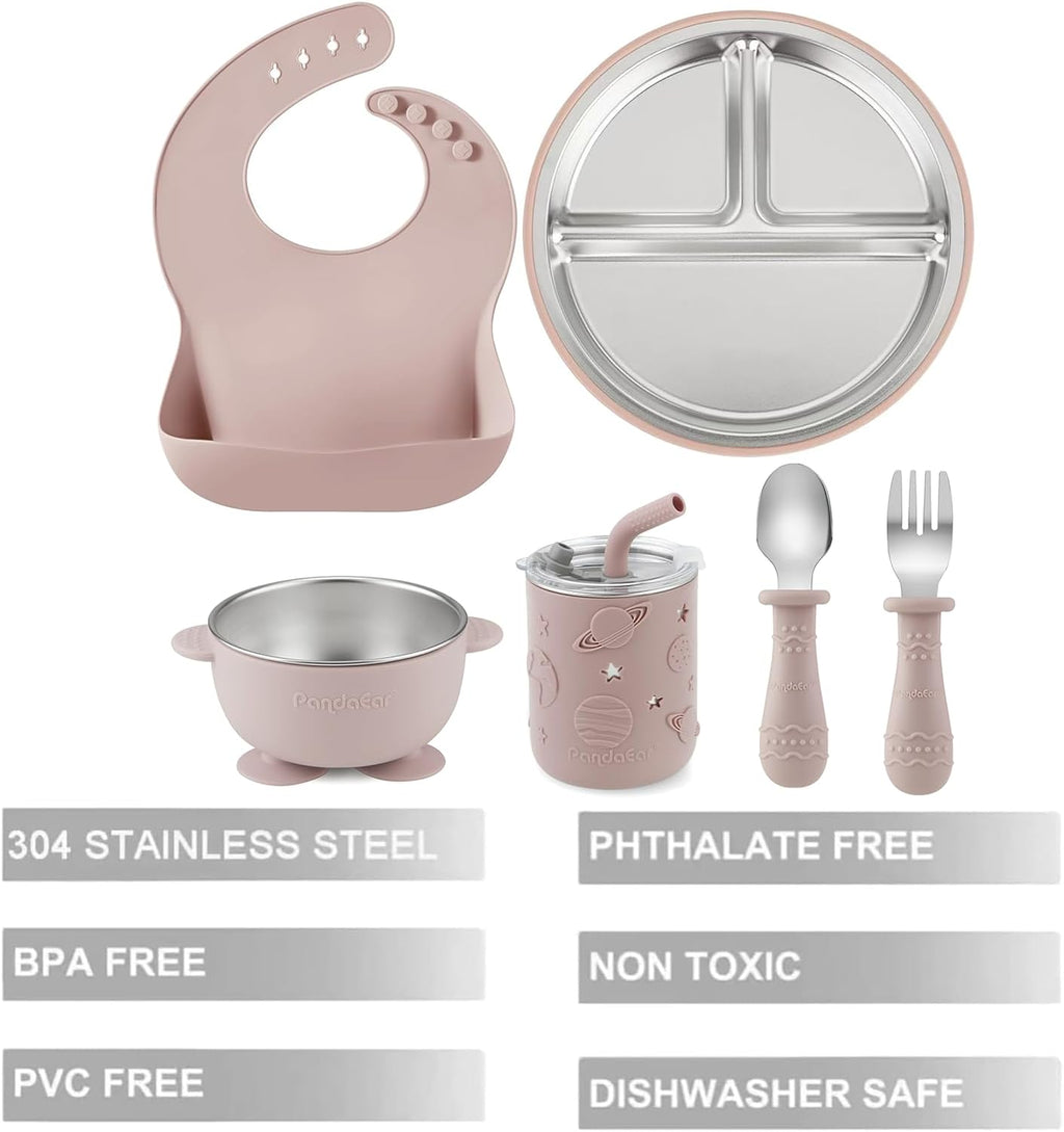 6-In-1 Stainless Steel Baby Feeding Set | Divided Baby Plates with Suction, Toddler Bowl, Sippy Cup with Straw, Baby Bib, Spoon & Fork | Bpa-Free Toddler Weaning Set