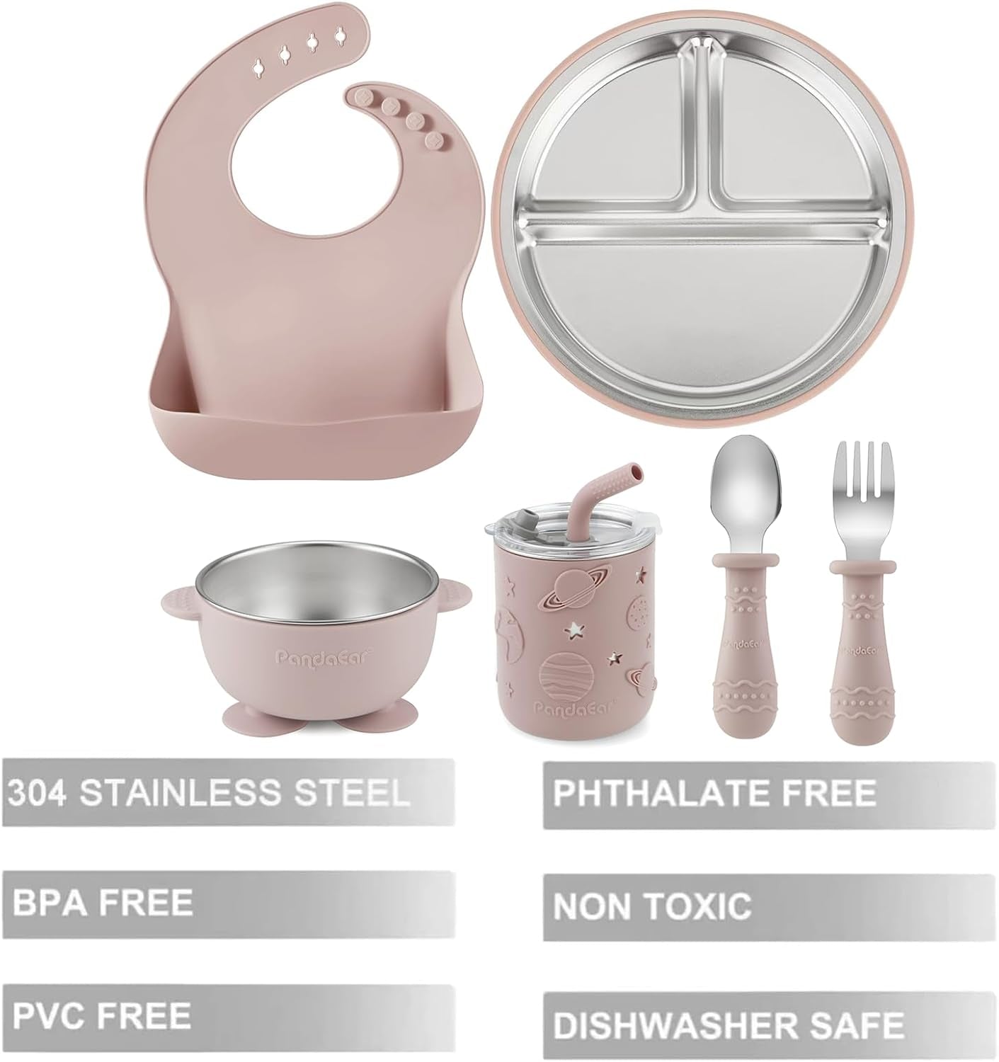 6-In-1 Stainless Steel Baby Feeding Set | Divided Baby Plates with Suction, Toddler Bowl, Sippy Cup with Straw, Baby Bib, Spoon & Fork | Bpa-Free Toddler Weaning Set