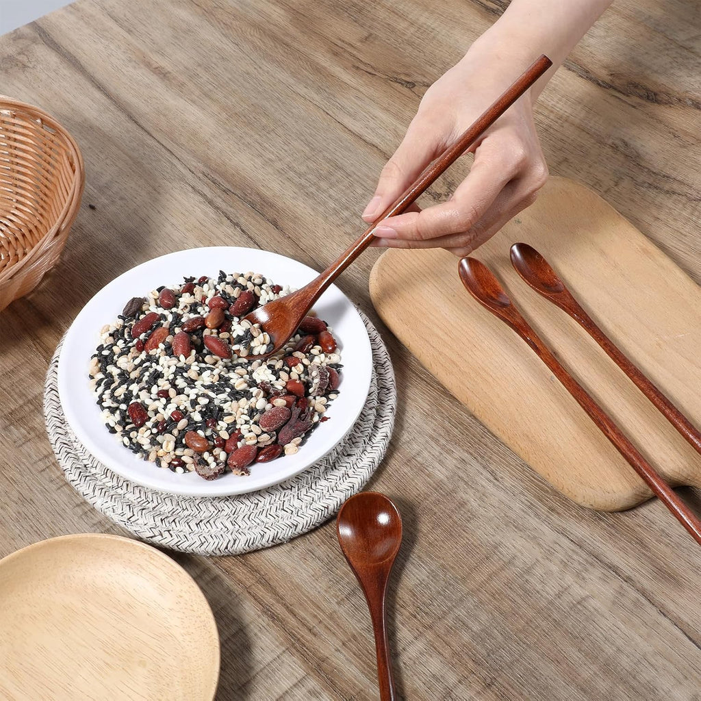 6 Pcs Wooden Coffee Spoons, Long Handle Mixing Spoon Small Wooden Long Teaspoon Honey Spoon Handmade Wood Stirring Spoon Tiny Tasting Spoon Set for Jam Dessert Stir Spoon Kitchen Utensil