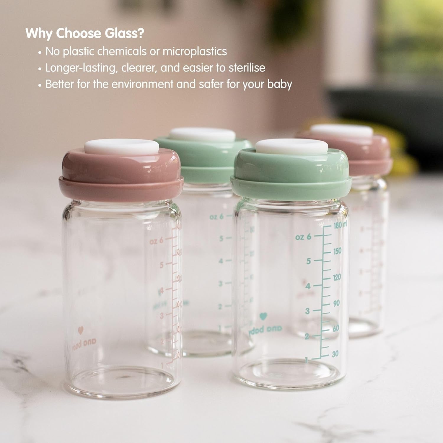 Premium Glass Breastmilk Storage Bottles, Pack of Four, 180Ml, Dishwasher, Freezer, and Microwave Safe (Glass Breastmilk Storage Bottles, 4 X 180Ml)