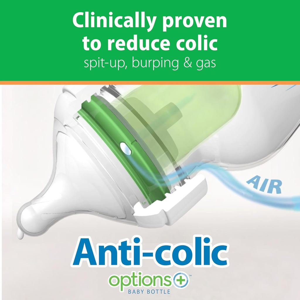 Natural Flow Options+ Anti-Colic Wide Neck Baby Bottles, Glass, Green, 270 Ml