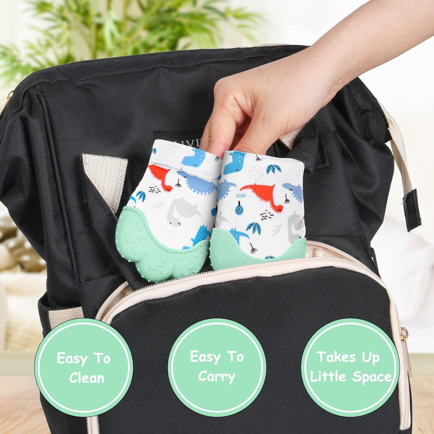 Baby Teething Set, 2 Pack Teething Mittens for Baby, Includes 2 Silicone Mitten Teether Glove,Dinosaur Teething Glove, Infant Soothing Pain Relief Mitt Baby Teether Mits for Baby