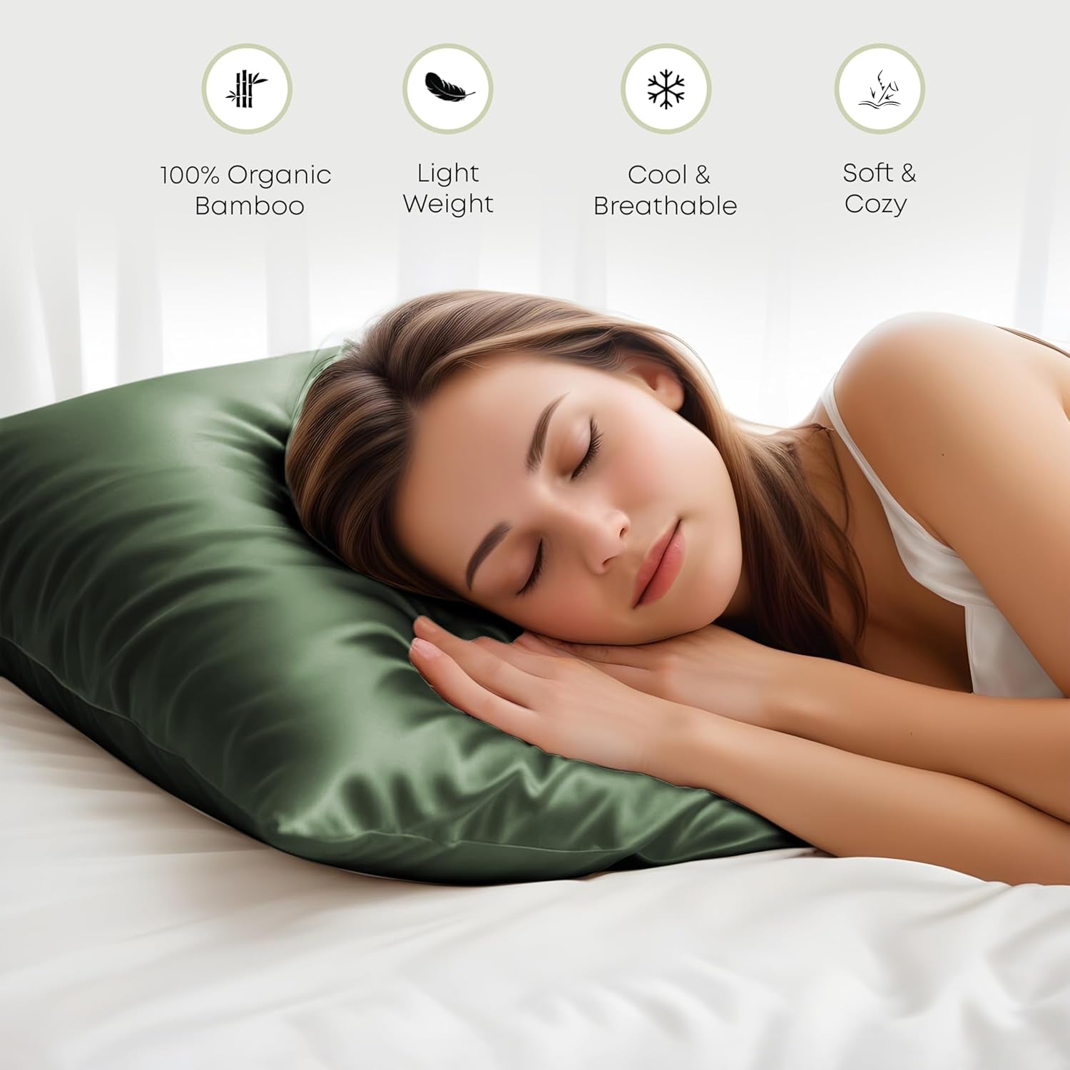 100% Organic Bamboo Pillow Cases Pack of 2- Silk Pillowcases for Hair and Skin, Soft, Breathable, Cooling Pillowcases for Standard Size Pillow (Standard, Avocado Green)